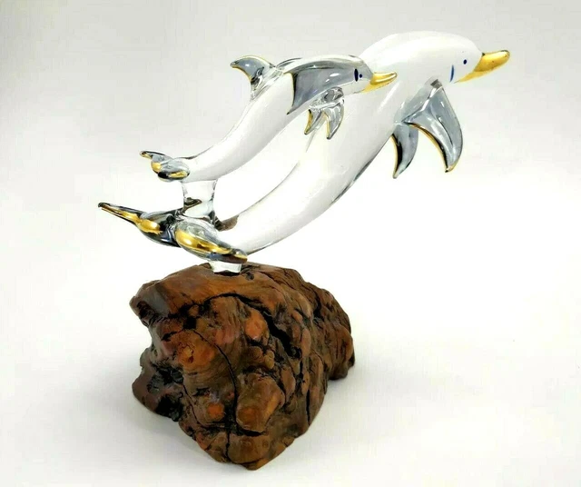 Glass Baron Dolphin Sculpture On Burl Wood Base Gold Trim Nautical Beach Ocean