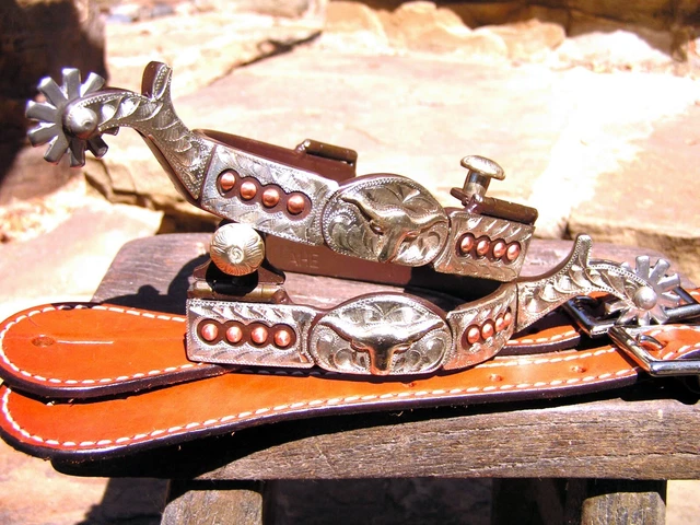 Men's show spurs, Longhorn design, WITH leather straps