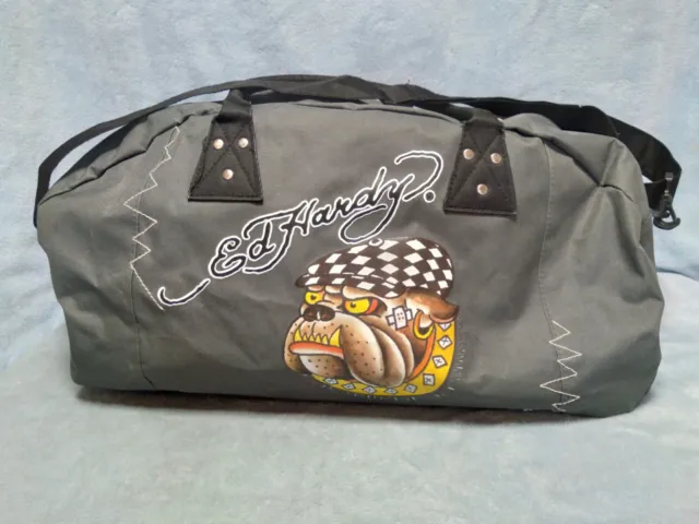Ed Hardy Bull Dog Tatoo Image Logo Gray Duffle Bag Zip Top 18"- 19" Long