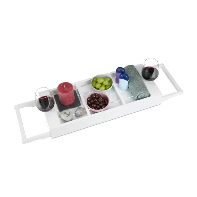 Bandeja bañera madera, Bandeja baño extensible, Organizador bañera bambú blanco