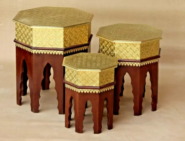 Wooden Nesting Table Set: Brass Fitted Indien Traditional Handmade Coffee Ends