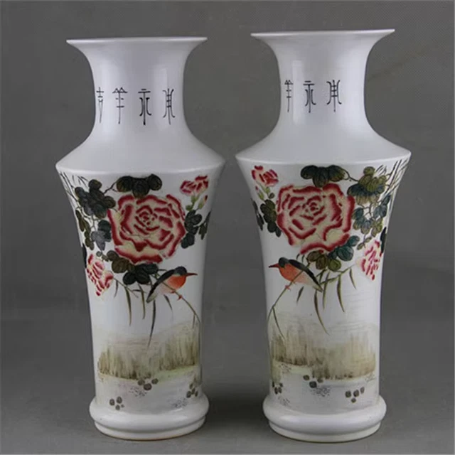 A Pair China Freehand Sketching Qing Famille Rose Porcelain Flowers Vase