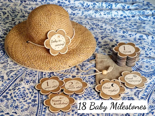 18 Baby Milestones FLOWER Wood Cards, Newborn month tracker, Nursery decoration