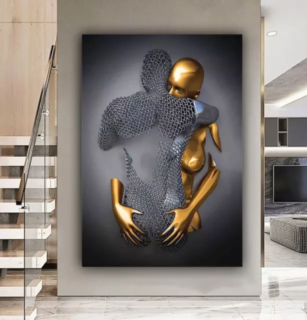 Argento oro metallizzato effetto 3D coppia amanti abbraccia arte tela o stampa poster