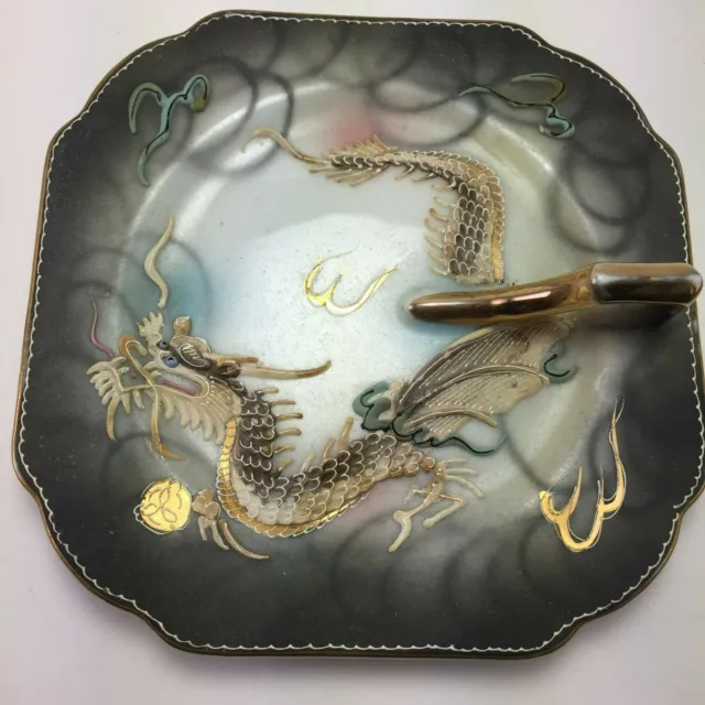 Moriage Dragonware Square Plate Hand Painted Occupied Japan Gold Gilt Vintage