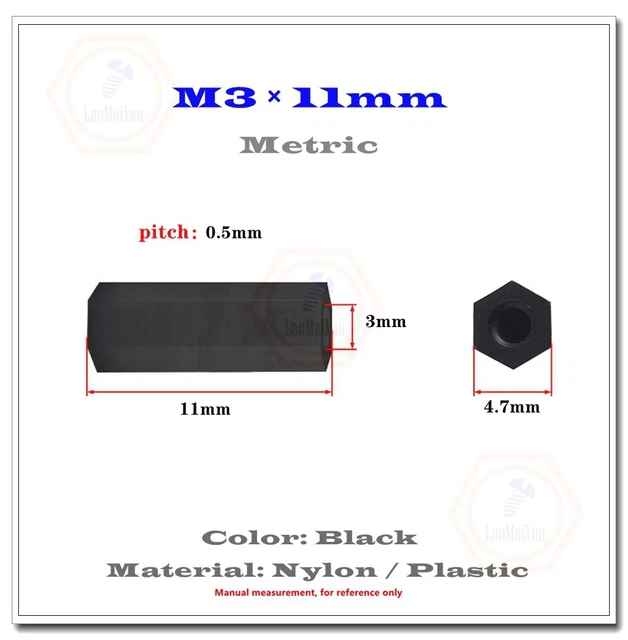 500pcs M3x11mm Black Plastic Nylon M3 Hex Column Standoff Spacer Nut