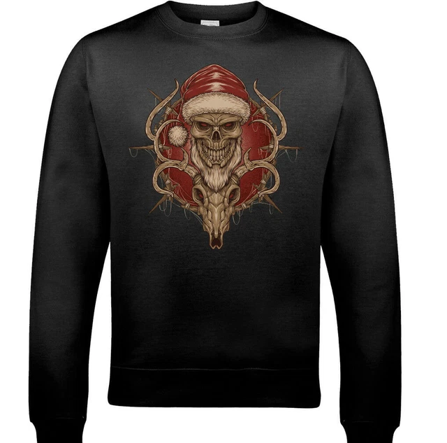 Santa & Reindeer Skull Mens Xmas Sweatshirt Biker Gothic Motorbike Bike Jumper