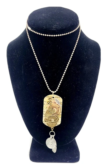 Steampunk Dog Tag Necklace Owl Key Rhinestone Feathers Coin Clock