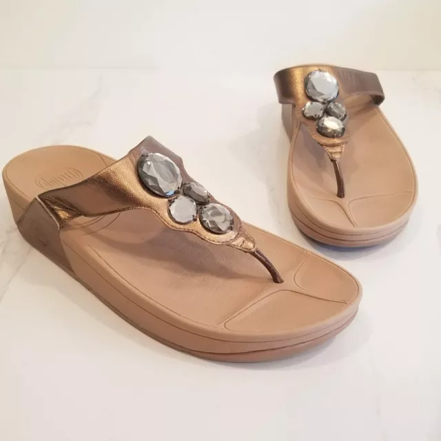 Fit Flop Lunetta Thong Sandals Gold Leather Comfort Rhinestones Women’s Size 8