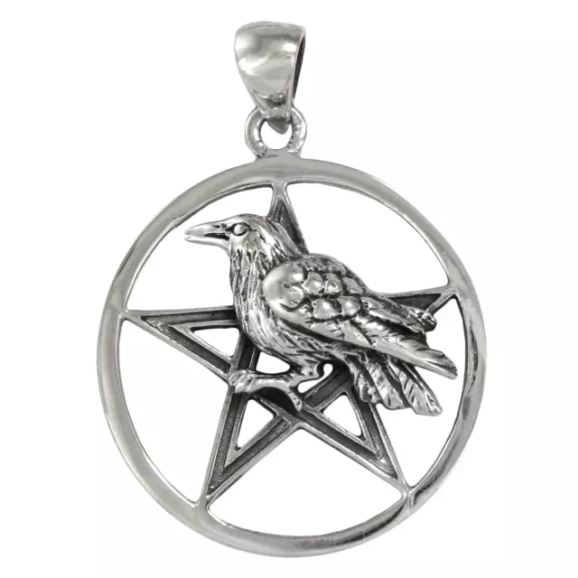 Sterling Silver Raven Pentacle Pendant - Pentagram Wiccan Pagan Crow Jewelry