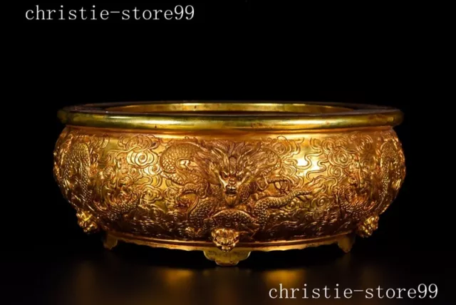 China bronze 24k gold Gilt Feng Shui dragon loong beast Incense burner Censer