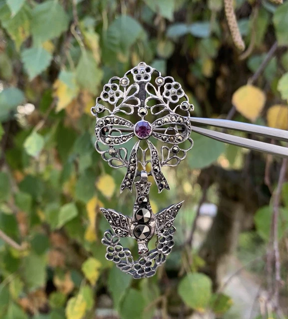 Broche Ancienne Florale En Argent Massif 925 - Bijou Ouvragé Vintage, état Très Bien Conservé