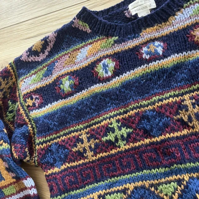 Vintage 90s 100% Wool Hand Knit Fair Isle Chunky Colorful Sweater Oversized S