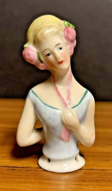 Antique Pincushion Half Doll Porcelain Victorian Lady Blonde Hair Pink GERMANY