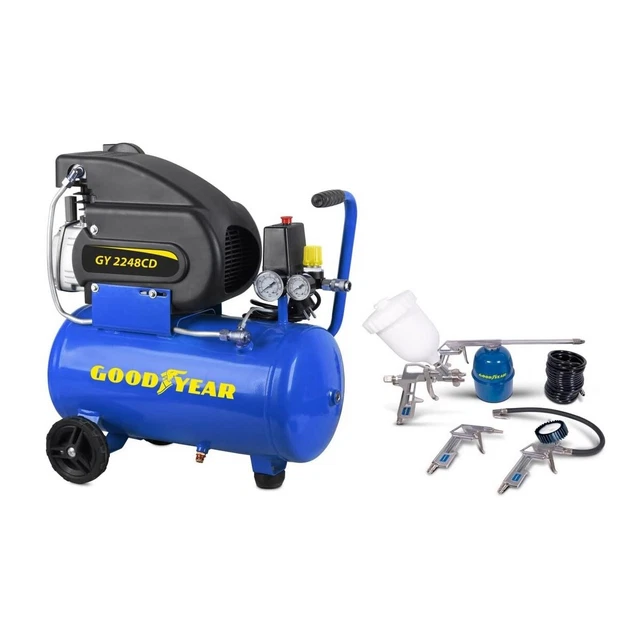 Compresseur d'air 24L 8 bar Silencieux 2CV 1.5KW + Kit Air comprimé 5 Pièces GOO