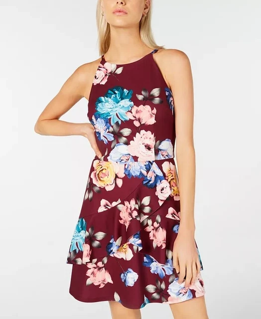 BCX Juniors' Halter Flounce-Skirt Dress Wine Size 15