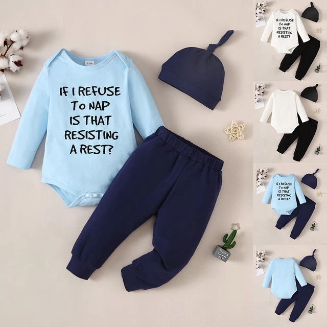 3PCS Newborn Baby Boys Romper Tops Pants Trousers Hat Outfits Kids Clothes Set