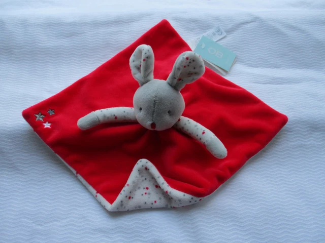 Doudou carré lapin  souris rouge et gris  OBAIBI OKAIDI étoiles