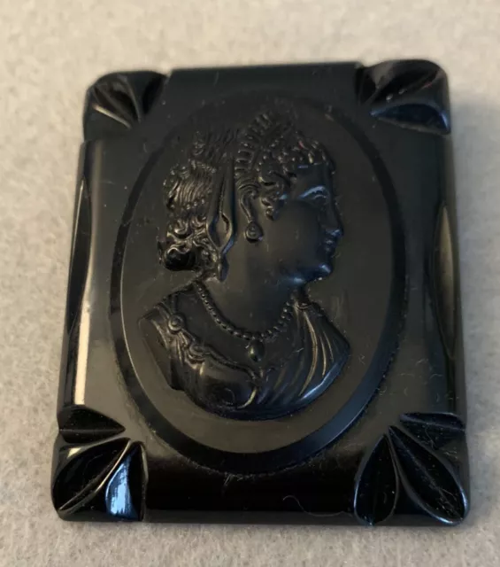 Vintage Bake light Victorian Mourning Cameo Brooch Black Pin Large Square