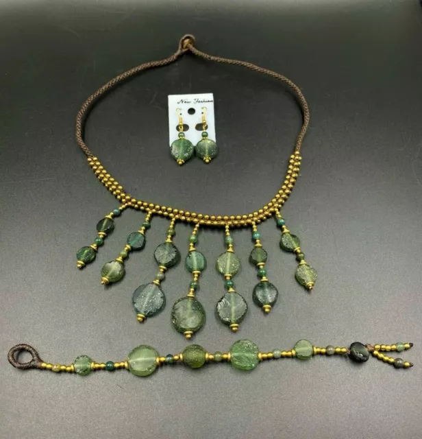 Old Hand Made Vintage Ancient Roman's Glass Jewelry Necklace Earring Bracelet
