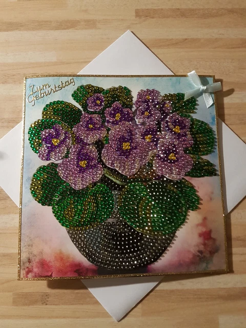 Geburtstagskarte Veilchen in Vase  Diamond-Painting  Echte Handarbeit