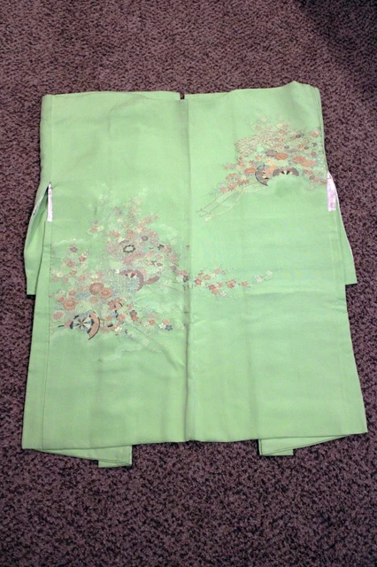 Japanese Lime Green Haori Jacket with Woven Gold and Silver Flower Cart Design 6