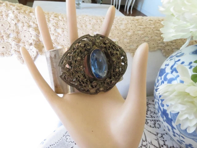 Unique Sterling Chunky ORNATE Cuff Bracelet Art Deco Victorian Blue Stone