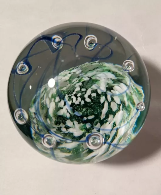 Hand Blown Art Glass Paperweight  Round Blue/White/Green/Bubbles- Unmarked