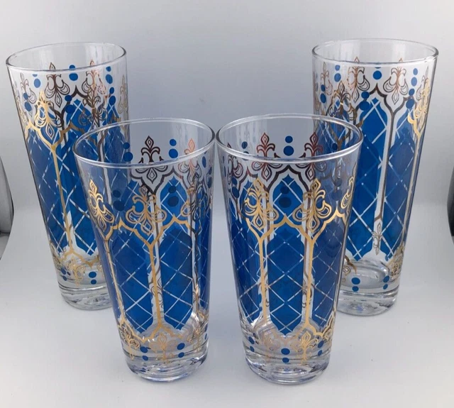 Anchor Hocking MCM Tumbler Royal Blue Fleur-de-lis Glasses Gold Gilt Set of 4