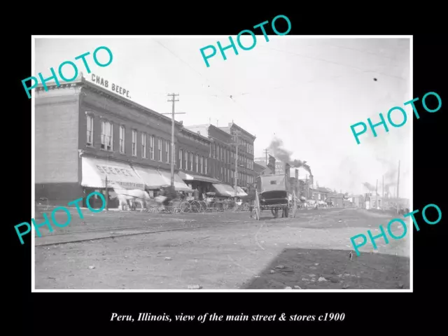 OLD LARGE HISTORIC PHOTO OF PERU ILLINOIS THE MAIN STREET & STORES c1900
