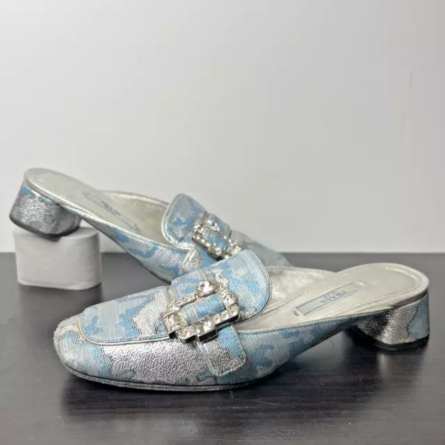 PRADA Brocade Mules Metallic Fabric Slip on Crystal Buckle Womens size EU 35.5