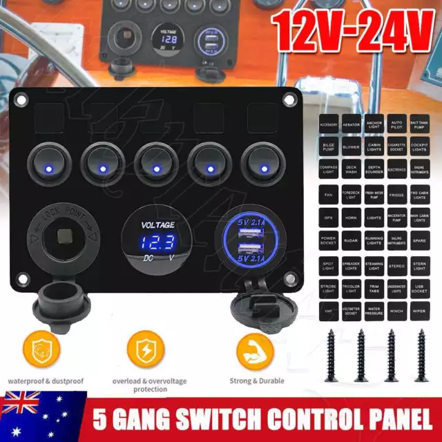 12V Switch Panel USB Charger 5 GANG ON-OFF Toggle LED Rocker for Car Boat Marine