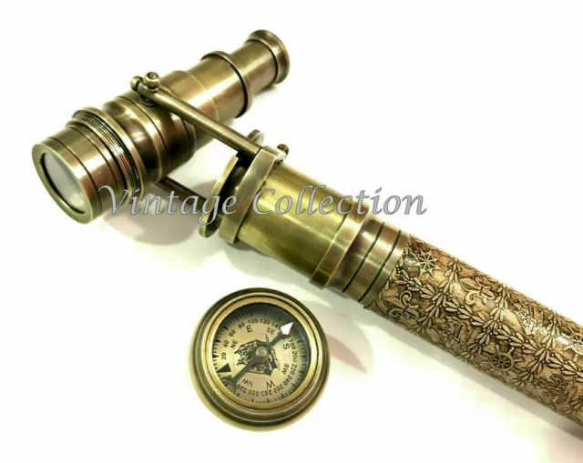 Brass Hidden Telescope with Compass on Top Walking Stick Leather Engraved Canes