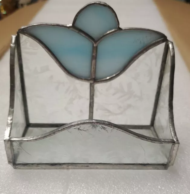 Vintage Blue Tulip Floral Stained Glass Business Card Holder Handmade Signed