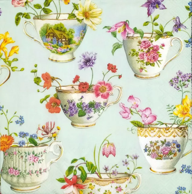 P119# 3x Single Paper Napkins Decoupage Flower Tea Cups On Blue Floral Pattern