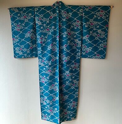 Vintage Japanese Kimono Meisen Silk without lining hitoe blue grid floral f/s
