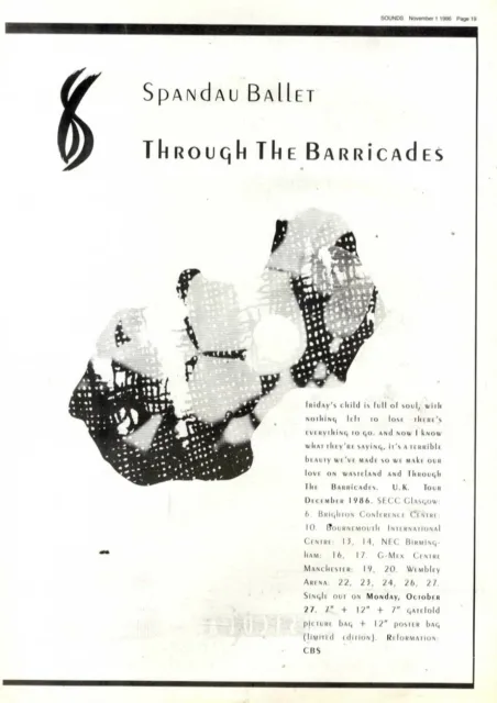 1/11/86PT19 Single Advert 15X11 Spandau Ballet. Through The Barricades.