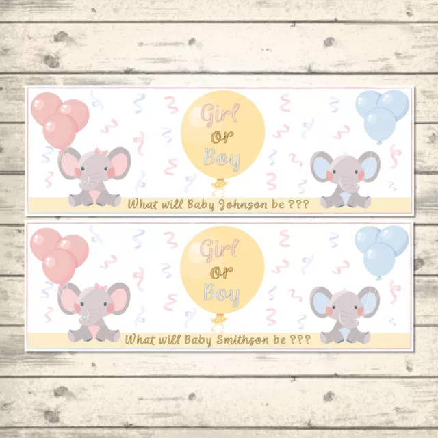 2 PERSONALISIERTE NIEDLICHE ELEFANT GESCHLECHT ENTHÜLLBANNER - JUNGE ODER MÄDCHEN?  800 x 297 mm