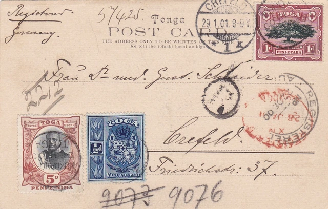 Tonga-Tabu 1901 to Crefeld/Germany, registered postcard, Toga