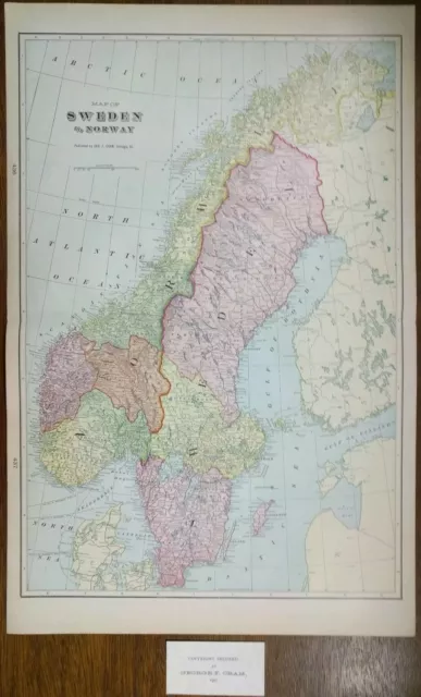 Vintage 1901 SWEDEN NORWAY Map 14"x22" Old Antique Original STOCKHOLM OSLO