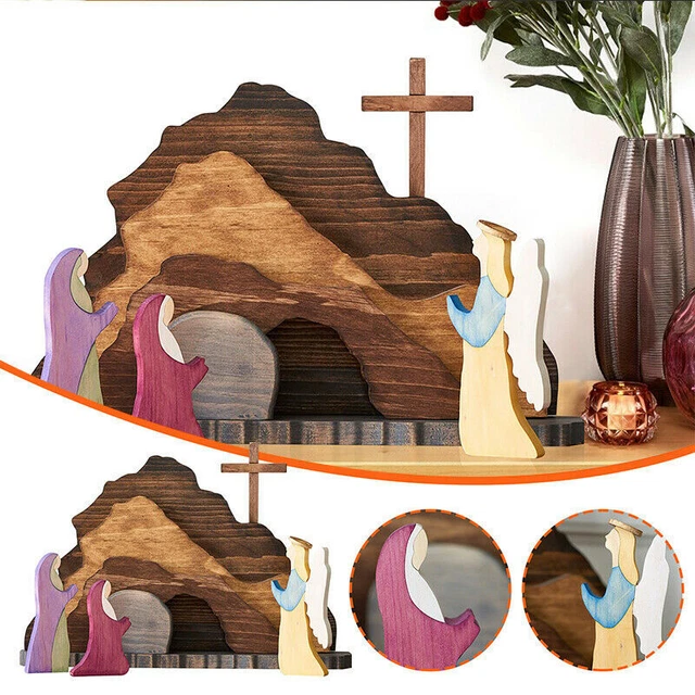 Pieces Easter Empty Tomb Decor Wooden Scene Set Resurrection Farmhouse Statue Risen Sign Tiered Tray Decorations Spring Holiday Indoor Home Tab