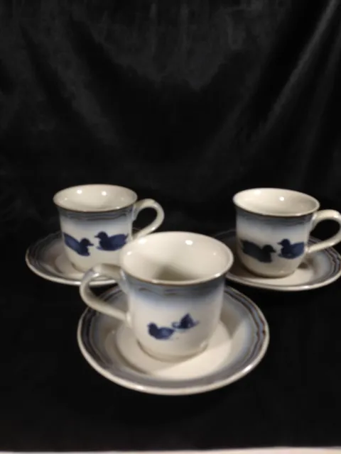 Noritake Stoneware MADRIGAL Blue Ducks Cup and Saucer Set of 3