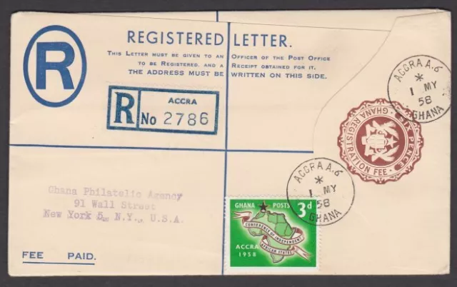 GHANA 1958 6d Registered envelope used Accra to New York USA................T383