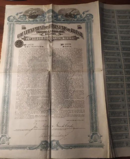 Brazilian 1908 Gouvernement Etats Unis Bresil 500 Francs Coupons Bond Obligation