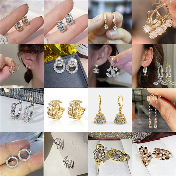 Women Silver Gold Round Crystal Heart Hoop Stud Earrings Wedding Bridal Jewelry