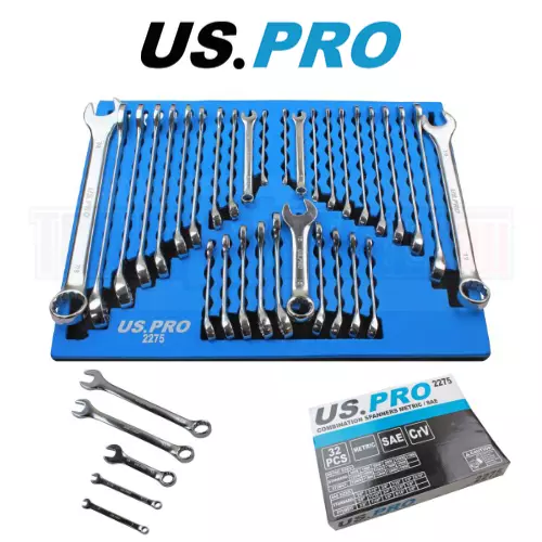 US PRO Tools 32pc Combination Spanners Set Metric & SAE Imperial In A Foam Tray