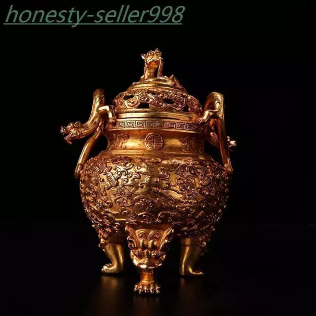 9.2'' Marked Chinese bronze 24k gold Gilt dragon loong bat statue incense burner