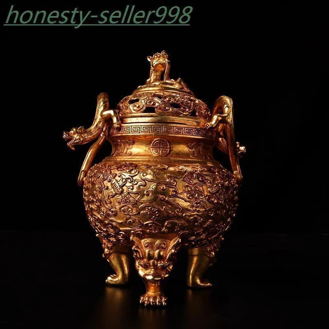 9.2'' Marked Chinese bronze 24k gold Gilt dragon loong bat statue incense burner