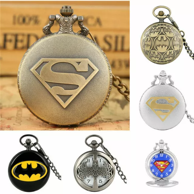 Men Quartz Pocket Watch Superman/Batman Comic Steampunk Necklace Chain Vintage