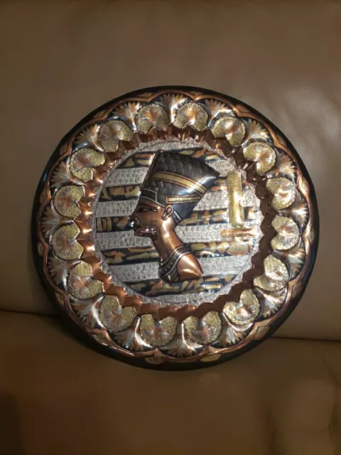 Vtg Egyptian Brass Copper Metal Plate Art Decor Wall 11.5" Queen Nefertiti